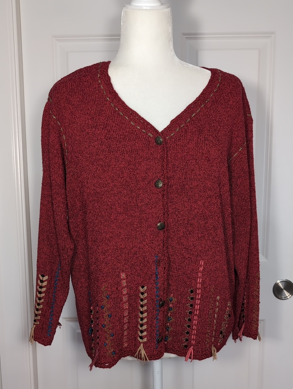 Icelandix Design Textured V-Neck Button Up Cardigan in Red Size Large Silk Blend